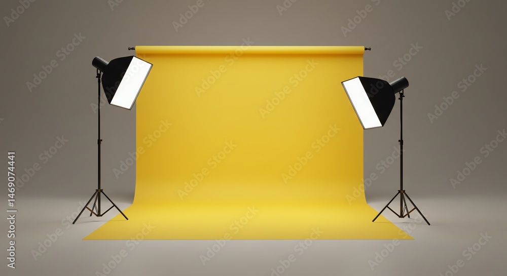 Poster studio setup with yellow backdrop and lights