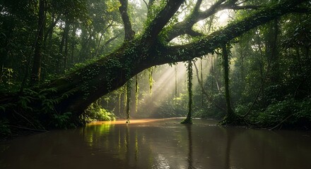 Obraz premium River Flows Through Lush Green Forest with Sunlight Streaming