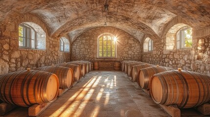 Sunlit stone cellar with rows of oak wine barrels.