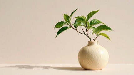 Green Branch in Beige Ceramic Vase on Minimalistic Background