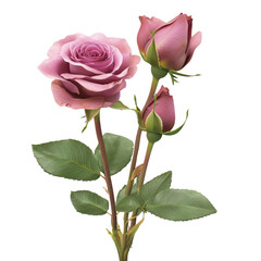 Fototapeta premium Two beautiful pink roses surrounded by lush green leaves creating a vibrant floral arrangement on a white background isolated on transparent background..