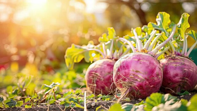 close up of rutabaga in the garden. selective focus