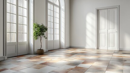 Sunlit empty room with tiled floor, plant, windows, and door.