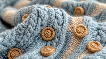 Close-up of textured blue and beige knitted fabric with buttons.