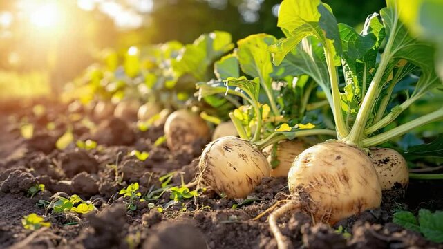 close up of rutabaga in the garden. selective focus