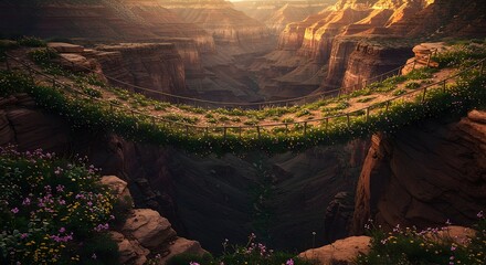 Scenic Canyon View with Flower-lined Bridge at Sunset