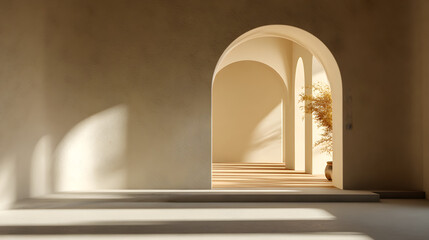 Beige minimalist interior archway with sunlight and shadows