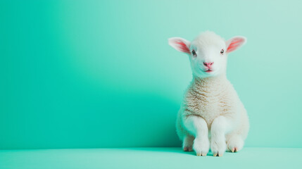 Fototapeta premium Peaceful Portrait of Fluffy Lamb Representing Innocence and Devotion During Eid Adha Religious Celebration. Copy Space