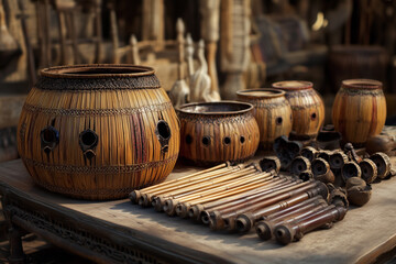 a set of handmade bamboo musical instruments on display at a cultural exhibition