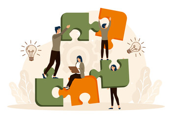 Team Collaboration Building Concept with Puzzle Pieces and Bright Idea.