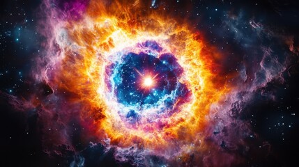 Fototapeta premium Exploding Star Formation in Colorful Nebula with Bright Center and Cosmic Background