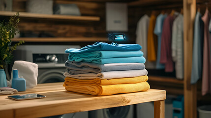 Neat Stack of Folded Towels and Clothes on Wooden Table in Laundry Room