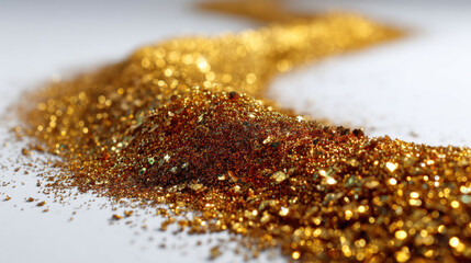 Golden Glitter Texture Close Up of Sparkling Gold Powder on White Background