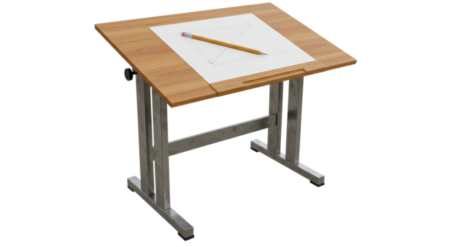 Isolated Drafting Table with Triangle and Pencil on Technical Drawing