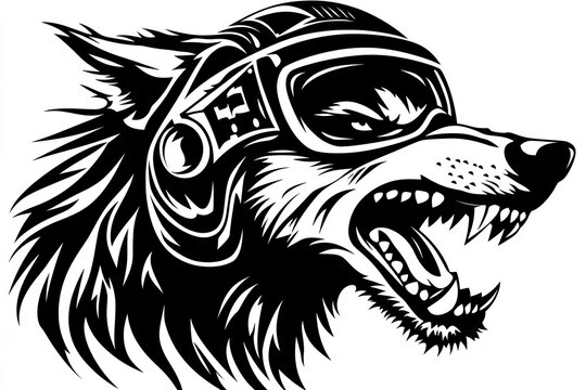 Aggressive wolf head design with aviator goggles.
