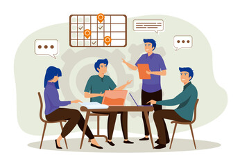 Business communication concept. Group of employees discussing idea at table.