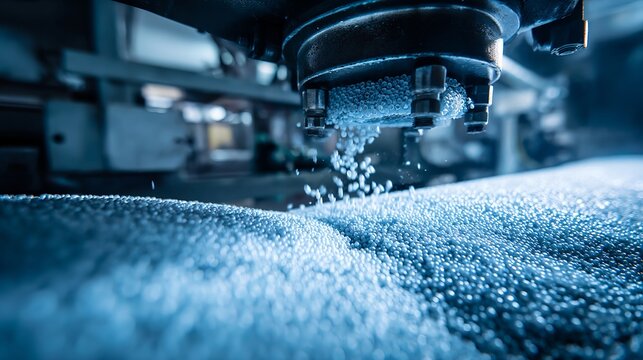 Industrial Plastic Pellets Production Process Close Up Detailed View Manufacturing Machine Granules Blue Polymer Industry Technology Modern Factory   