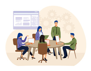 Business meeting at conference table with Laptops and Presentation.