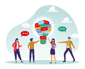 Team opinion new idea concept. Team Collaboration with Speech Bubbles Forming a Light Bulb Shape.