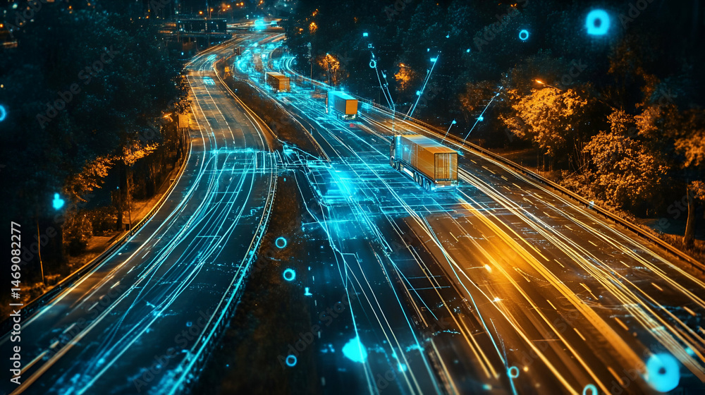 Poster night highway traffic with data flow visualization