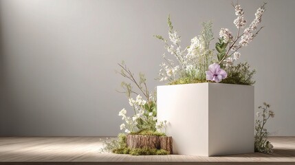 White 3D Podium with Floral Spring Elements and Nature Accents