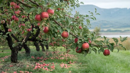 Abundant Red Apples on Tree Branches: Orchard Harvest Scene with Lush Green Leaves, Fallen Apples, and Distant Mountain Views