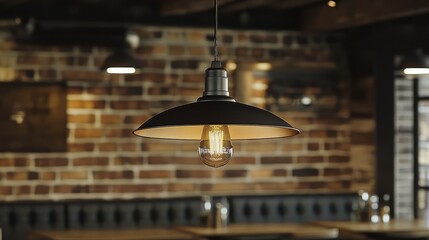 Obraz premium Light fixture with Edison bulb above rustic table surrounded by natural wood finishes