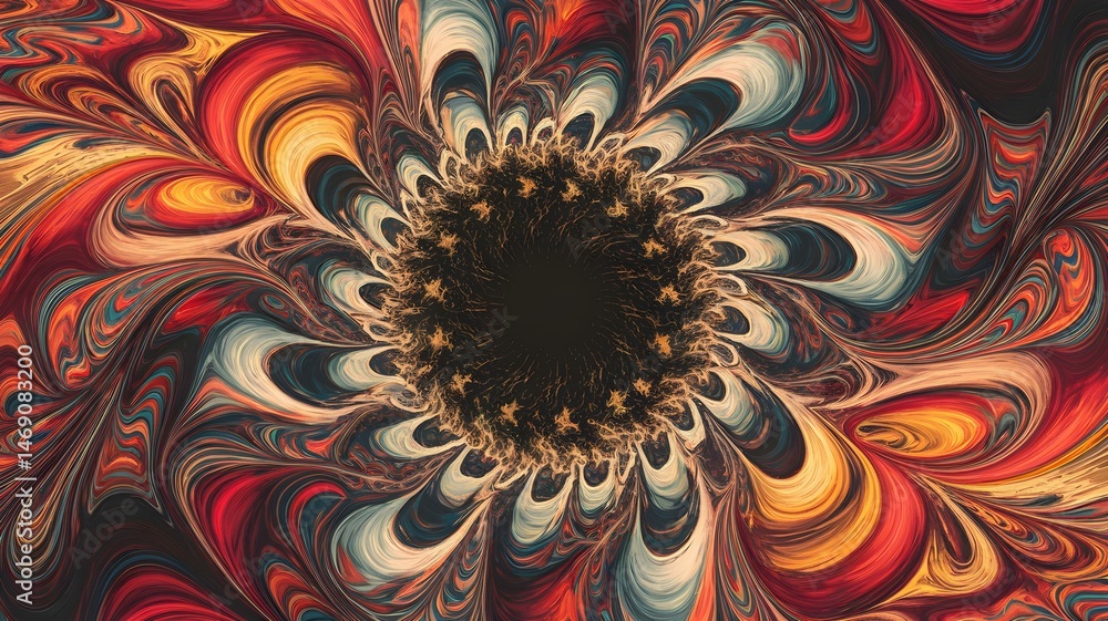 Poster dynamic swirling color explosion with central void: abstract art design featuring flowing paint text