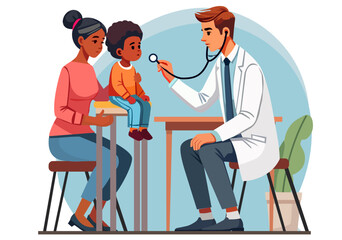 A male doctor is examining a sick child.