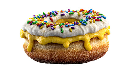 Donut with icing, sprinkles, and soft reflections, floating on a pastel solid background. 