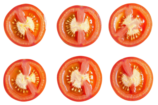 Sliced tomatoes arranged neatly in transparent png format over clean white background