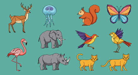 Naklejka premium Nine Geometric Animals: Deer, Jellyfish, Squirrel, Butterfly, Elephant, Bird, Flamingo, Rhino, Cat