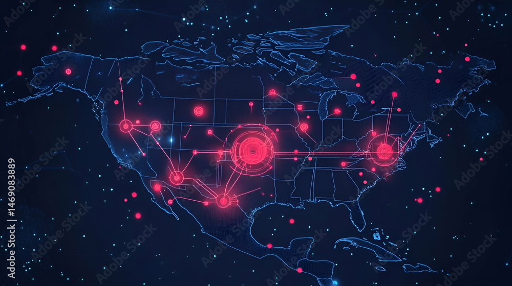 Poster north american digital network map with red data points