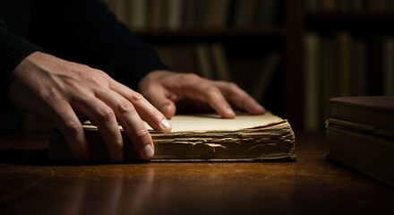 Ancient Book, Hands, and Library Setting: A Glimpse into History