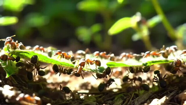 Ants Carrying Leaf On Forest Floor