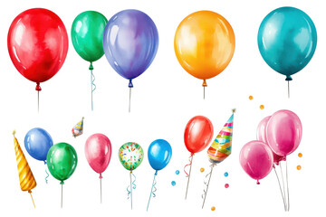 Obraz premium Set of watercolor balloons for a birthday party in transparent png on white background