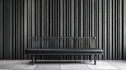 Fototapeta premium Sleek Black Bench Against Dramatic Vertical Wooden Strips Wall