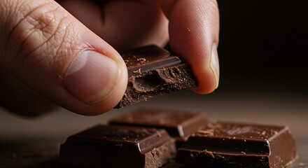 A Close-Up Shot of a Person's Hand Picking Up a Piece of Dark Chocolate From a Pile of Other Chocolate Pieces on a Wooden Surface