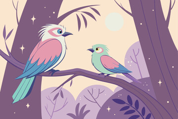 31 two beautiful magical fairy-like birds perched on a branch, detailed and colorful digital art, fantasy, whimsical, captivating, highly detailed, 8k, cinematic lighting, vibrant colors