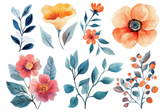 Lovely watercolor floral set in png format with clear background isolated on pure white space