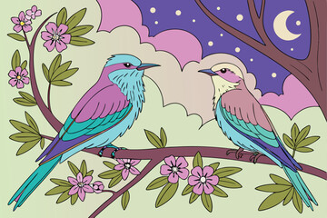 31 two beautiful magical fairy-like birds perched on a branch, detailed and colorful digital art, fantasy, whimsical, captivating, highly detailed, 8k, cinematic lighting, vibrant colors