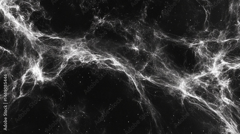 Poster abstract design featuring flowing white patterns on a dark background.