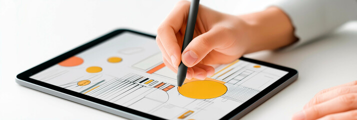 Hand drawing abstract design on tablet screen with stylus in close-up view, concept of digital creativity and modern graphic design process