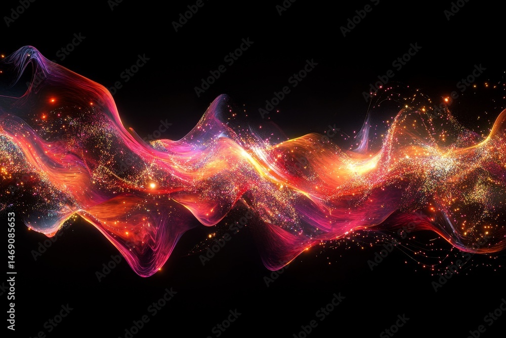 Poster Dynamic abstract design with glowing particles and flowing lines.