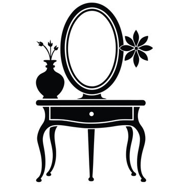 recommend clip art: Elegant silhouette shows vanity table, oval mirror, single drawer, vase, and floral accent