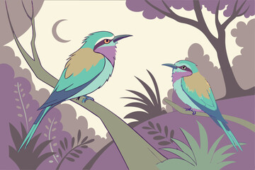 31 two beautiful magical fairy-like birds perched on a branch, detailed and colorful digital art, fantasy, whimsical, captivating, highly detailed, 8k, cinematic lighting, vibrant colors