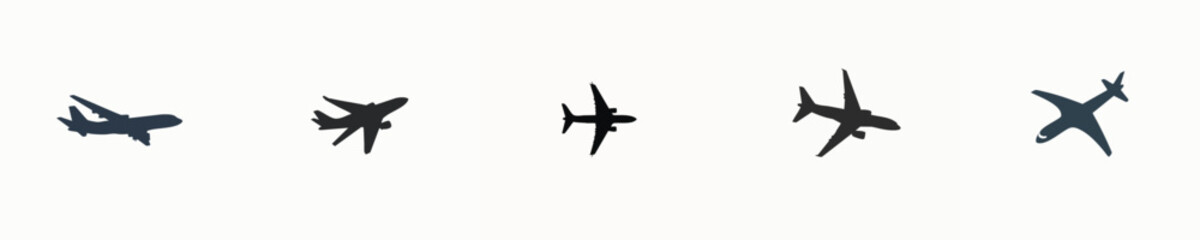 Collection of Commercial Airplane Silhouettes Isolated on White Background – Aviation and Travel Concept