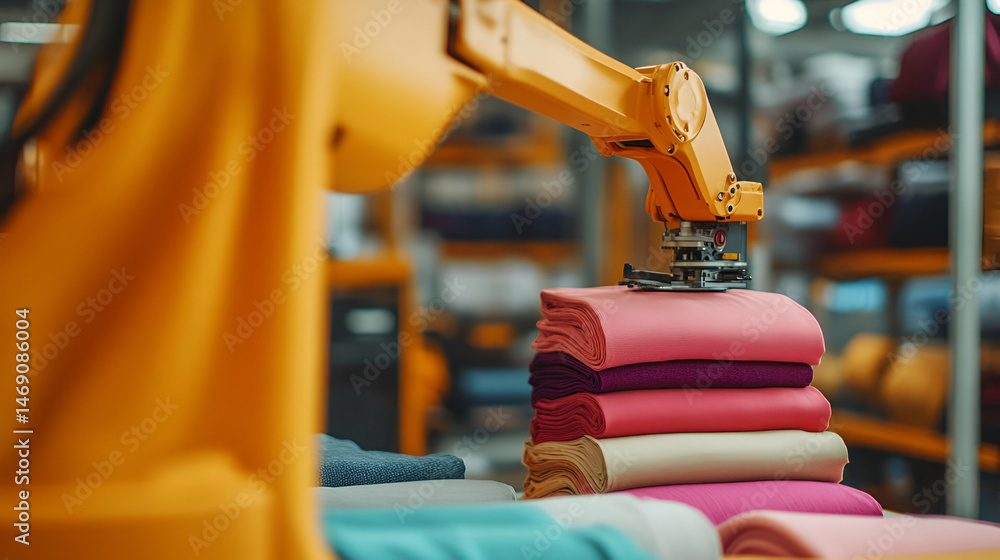 Poster orange robotic arm handling stack of colorful fabrics in a factory