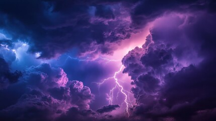 Vibrant purple storm clouds with lightning illuminate the dark sky, creating a dramatic and electrifying atmosphere in nature.