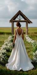 Fototapeta premium Elegant bride in white dress at outdoor wedding venue